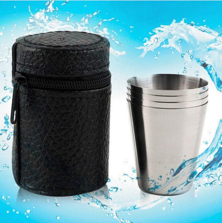 4 Edelstahlbecher mit Lederhülle 170ml